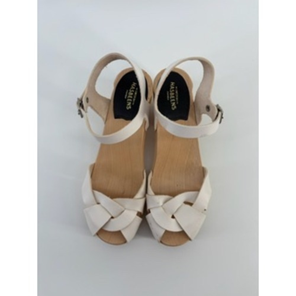 Swedish Hasbeens Braided Sky High White Leather Wood Clog Sandals Womens 39 - Picture 6 of 7